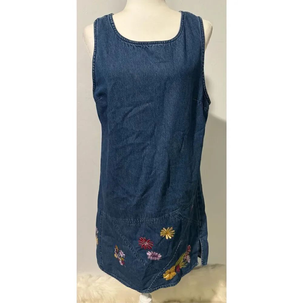 Denim embroidered floral dress sleeveless L